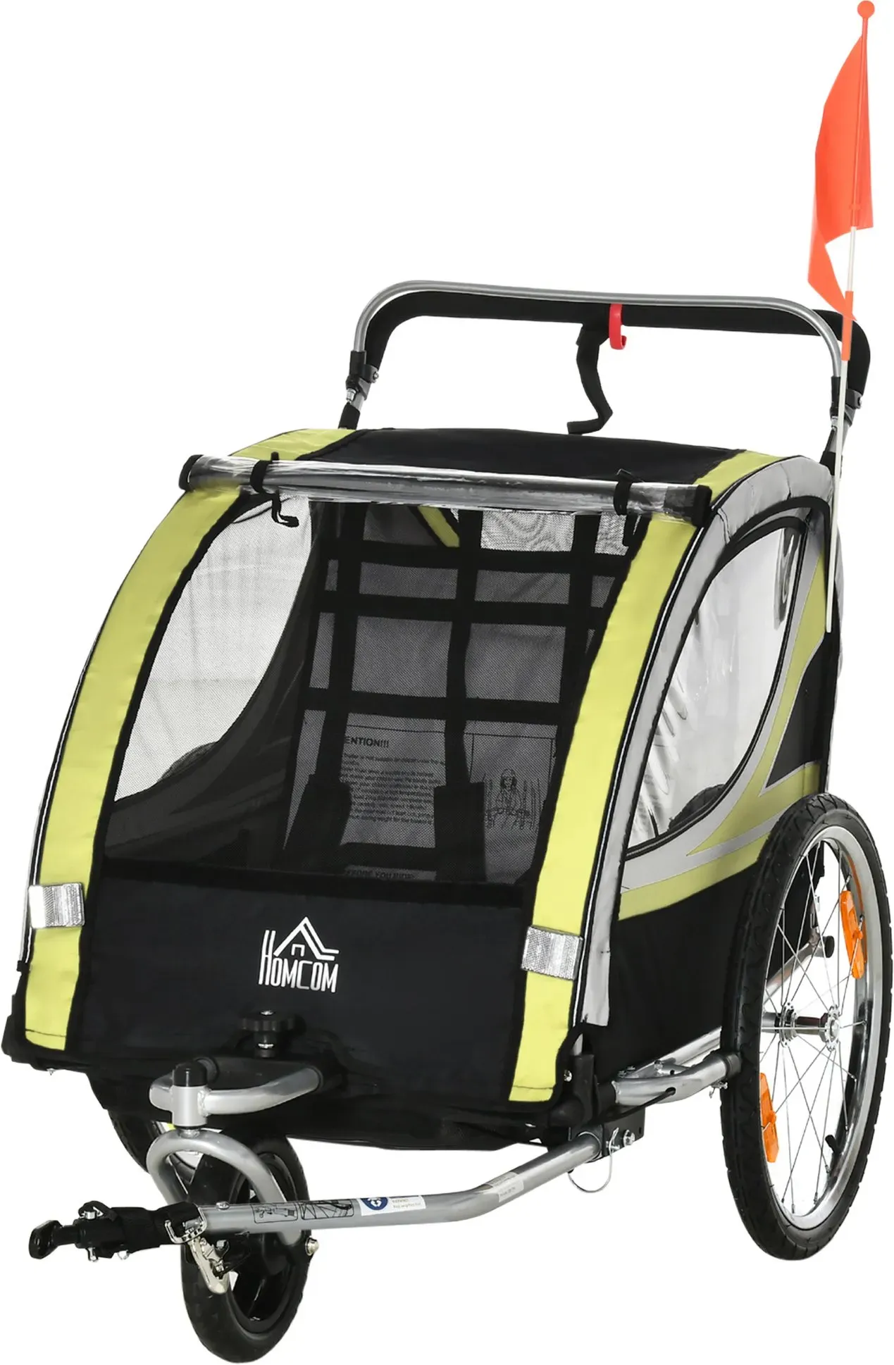 HOMCOM Kinderfahrradanhänger 2 in 1  Federung, Mesh-Tür, 360° Drehbares Vorderrad, Bremse, Gelb+Schwarz, 142x75x101cm  Aosom