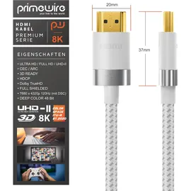 Primewire - 10m High Speed 8K HDMI Kabel 2.1 Ethernet ARC 3D 4K Ultra HD 7680x4320 @ 120 Hz PS4 360 TV OLED PC Laptop Beamer Monitor - Weiß/Silber