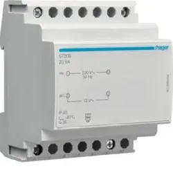 Hager ST309 Sicherheitstrafo 230V/12V, 20VA, 4PLE.Sicherheitstransformator mit getrennter Primär- und Sekundärwicklung. Schutz gegen Kurzschluss