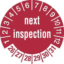 Prüfplakette ab 26, next inspection, rot/weiß - Bogen = 10 Plaketten - 30 mm Folie selbstklebend