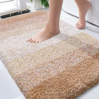 OLANLY Luxuriöse Badezimmerteppichmatte, extra weiche und saugfähige Mikrofaser-Badteppiche, Rutschfester Plüsch-Shaggy-Badteppich, maschinenwaschbar, Badematten für Badezimmerboden, 20x32, beige