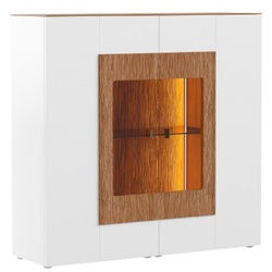 Casa Padrino Vitrinenschrank Weiß / Braun 111 x 40 x H. 138 cm - Moderne Beleutete Massivholz Vitrine - Wohnzimmer Schrank - Barschrank - Wohnzimmer Möbel