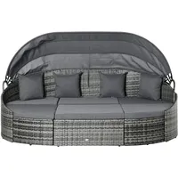 Outsunny 4-teilige Rattan Sonneninsel Sitzgruppe Liegeinsel mit Sonnendach, 4 Kissen für Garten, Balkon Metall Grau 230 x 145 x 80 cm