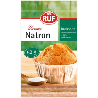 RUF Natron, Back-Soda, Alleskönner als Backtriebmittel, zum Binden von Säure, zum Entkalken und zur Verwendung in Haushalt, Kosmetik und Bad, 1x50g