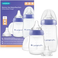 Lansinoh Babyflaschen Starter Set - Babyflasche in 160 ml & 240 ml - NaturalWave Sauger Größe S, M, L - neues kompaktes Design für verbesserte Stabilität - mit stapelbarem Deckel