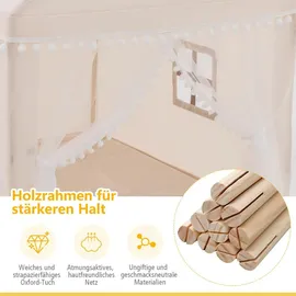 Costway Kinderspielhaus Kinderzelt, Kinderspielzelt für 3-4 Kinder mit Massivholzrahmen & Baumwolldecke 120x105x140cm Beige, Braun - Beige
