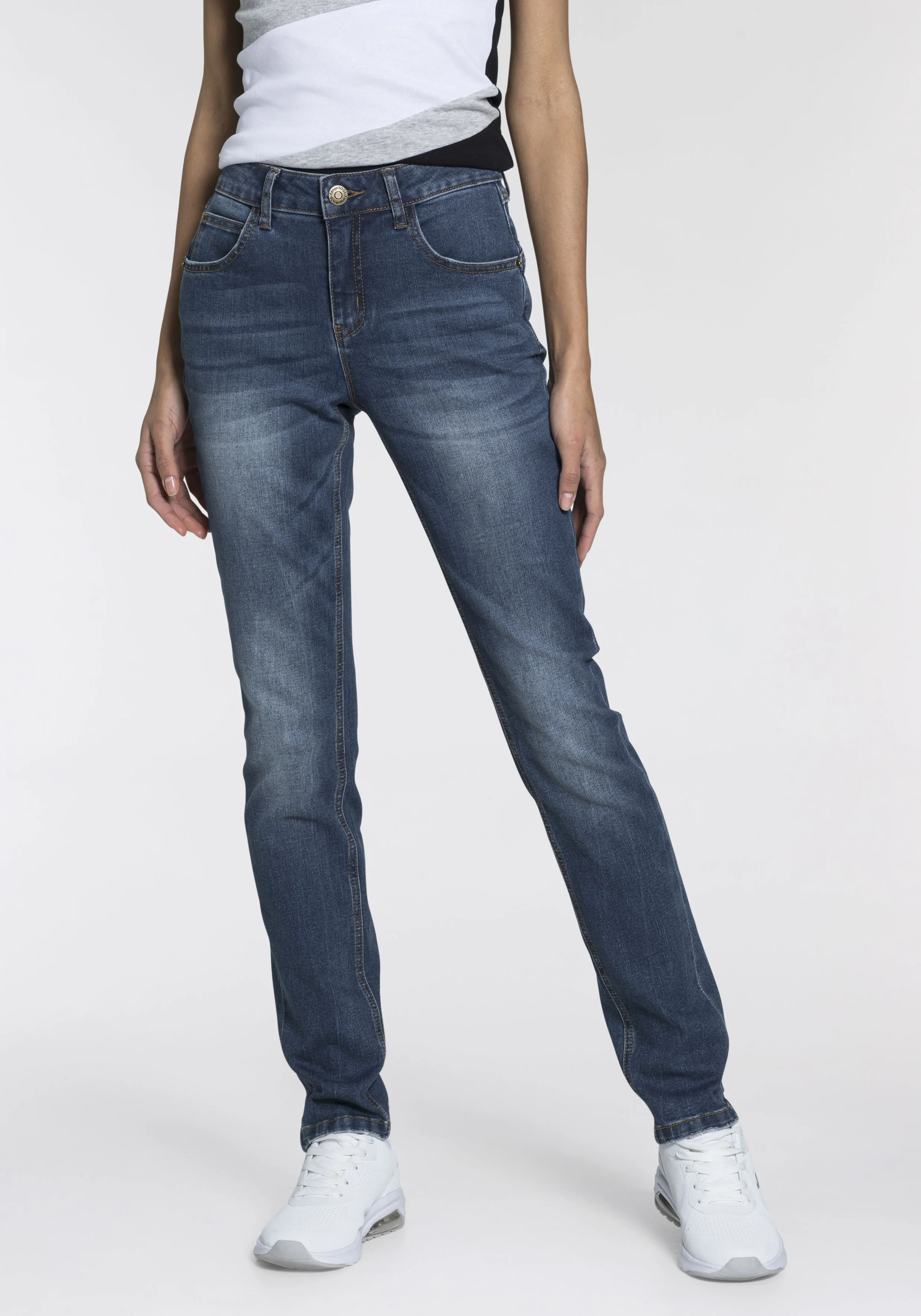 Relax-fit-Jeans KANGAROOS "RELAX-FIT HIGH WAIST", Damen, Gr. 50, N-Gr, blau (dunkelblau, used), Denim/Jeans, Obermaterial: 67% Baumwolle, 32% Polyester (REPREVE), 1% Elasthan, Abriebeffekte, vintage, Basic, relaxed fit knöchelfrei, Jeans, knöchelfreie Schnittform, krempelbare Beinabschlüsse