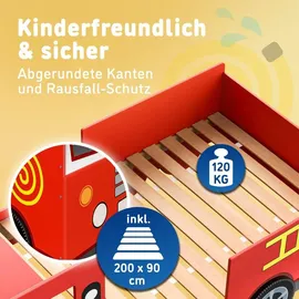 CASARIA Kinderbett Feuerwehrbett 90 x 200 cm MDF lackiert rot