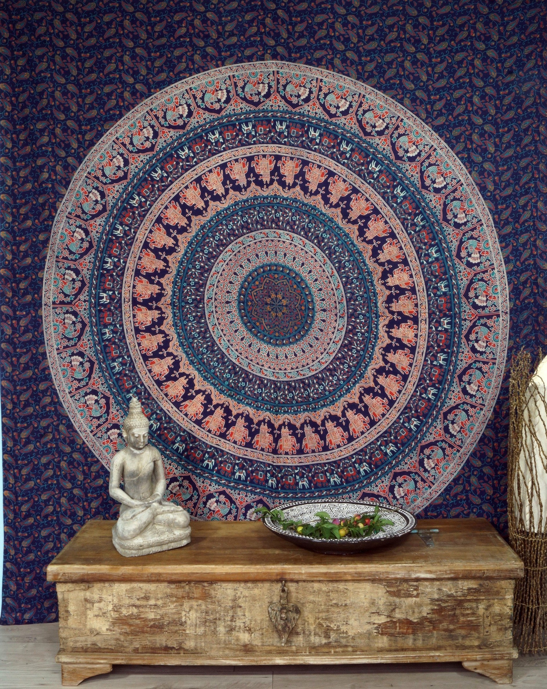 GURU SHOP Boho-Style Wandbehang, Indische Tagesdecke Mandala Druck- Blau/weiß/orange, Baumwolle, 230x210x0,2 cm, Bettüberwurf, Sofa Überwurf