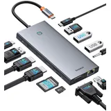 Baseus 【Chip-Optimiert】Baseus USB C Docking Station 3 Monitore, 13-in-1 USB C Hub mit 2 HDMI 4K@60Hz, DisplayPort 4K@60Hz, VGA, USB 3.1 10 Gbps, PD 100W und Ethernet für Dell/HP/Lenovo/Surface Laptop