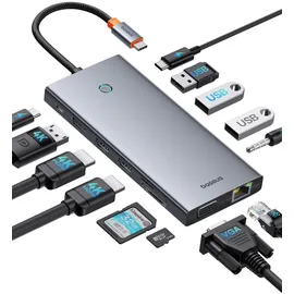 Baseus 【Chip-Optimiert】Baseus USB C Docking Station 3 Monitore, 13-in-1 USB C Hub mit 2 HDMI 4K@60Hz, DisplayPort 4K@60Hz, VGA, USB 3.1 10 Gbps, PD 100W und Ethernet für Dell/HP/Lenovo/Surface Laptop