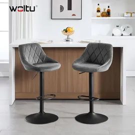 Woltu Barhocker 2er Set, Barstuhl, Gute gepolsterte Sitzfläche aus Samt, Höhenverstellbar, Drehbar, Dunkelgrau