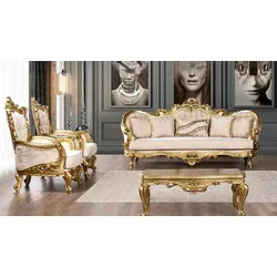 Casa Padrino Luxus Barock Wohnzimmer Set Cremefarben / Gold - 2 Barock Sofas & 2 Barock Sessel & 1 Barock Couchtisch - Barock Wohnzimmer Möbel