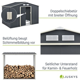 Juskys Metall Gerätehaus mit Holzunterstand - Großes Gartenhaus mit Schiebetür, Lüftungsgitter,