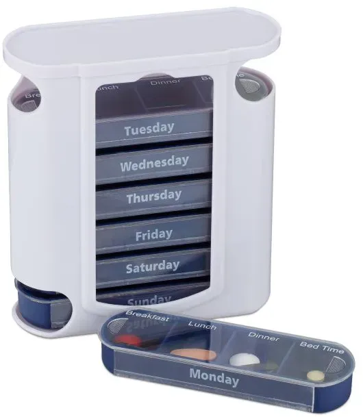 Relaxdays 5 x Pillendose 7 Tage 4 Fächer Englisch Weiß,Dunkelblau,Transparent