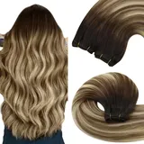 YoungSee Echthaar Tressen Balayage Tressen Extensions Echthaar Braun Balayage Blond Haartressen Echthaar 35cm Weft Extensions Echthaar Tressen Weave Extensions Echthaar Doppelt Tressen 100g #2/6/24