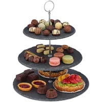 Relaxdays 4 x Etagere mit 3 Etagen, Schiefer, Kuchen, Snacks, Obst, Metallgriff, Servierständer, Hxd: 34x30 cm, anthrazit/Silber