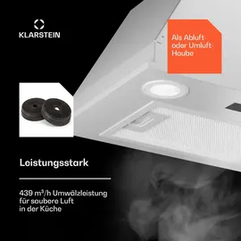 Klarstein Dunstabzugshaube Abluft/Umluft-Dunstabzugshaube mit Filter, LED-Beleuchtung, Timer & Touch-Bedienfeld, Leise Einbau-Abzugshaube mit 439 m3/h LED Touch A++ Weiß