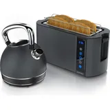 Arendo Frühstücks-Set, Wasserkocher Edelstahl 1,7l, 4 Scheiben Langschlitztoaster, 4 Scheiben Toaster, Frühstücksset, Wasserkocher Retro, 2200W... - Grau