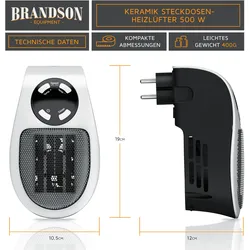 Brandson 500W Steckdosen Heizlüfter, Mini Keramikheizgerät mit Fernbedienung, Überhitzungsschutz, Automatische Abschaltung, Schwarz