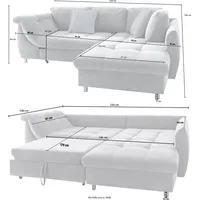 luma-home Ecksofa mit Schlaffunktion 250/190/84 cm, Wellenfedern, Ottomane rechts, Mikrofaser Blau / 17107