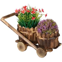 Relaxdays Pflanzwagen mit 2 Blumentöpfen, Blumenwagen zum Bepflanzen, HBT: 19x17,5x37 cm, Pflanzkarre aus Holz, braun