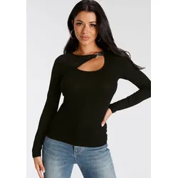 Langarmshirt, Langarm, unifarben, mit Zierschnalle, Gr. 38, schwarz, , 73888546-38