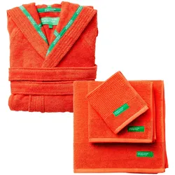 Benetton - Kapuzenbademantel L-XL mit 3er Set Badetücher 100% Baumwolle Orange