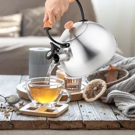 Briebe Wasserkessel Induktion Flötenkessel, 2,5L Edelstahl Retro, Holzgriff, Inox