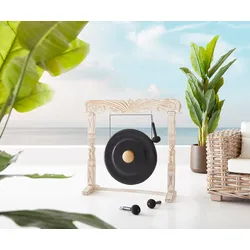 DELIFE Gong Zabulon Ø55 cm White Washed  mit Gestell aus Albasia Holz, Dekoartikel