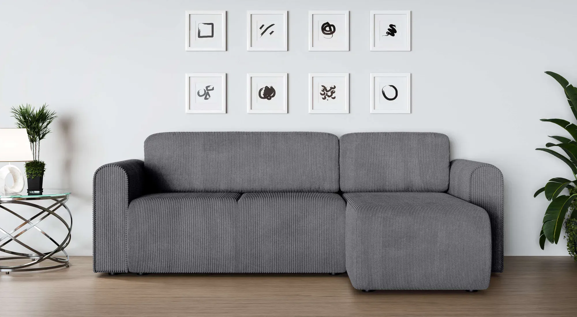 Ecksofa INOSIGN "Ecksofa Zacharia wahlweise mit Bettfunktion, BxTxH 250x166x86 cm" Sofas Gr. B/H/T: 250 cm x 86 cm x 166 cm, Cord, Recamiere beidseitig montierbar, mit Bettfuntion und Bettkasten, grau L-Form mit Wellenunterfederung, Recamiere beidseitig montierbar