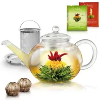 Creano Teekanne Teekanne aus Glas 1,2l - 2 Teeblumen - mit Edelstahl-Sieb und Deckel
