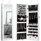 Costway - Led Schmuckschrank Mit Ganzkoerperspiegel, Schmuckregal Tür- Und Wandmontage, Haengender Schmuck Spiegelschrank Für Ringe, Kettenhaken Und Ohrringe Weiss