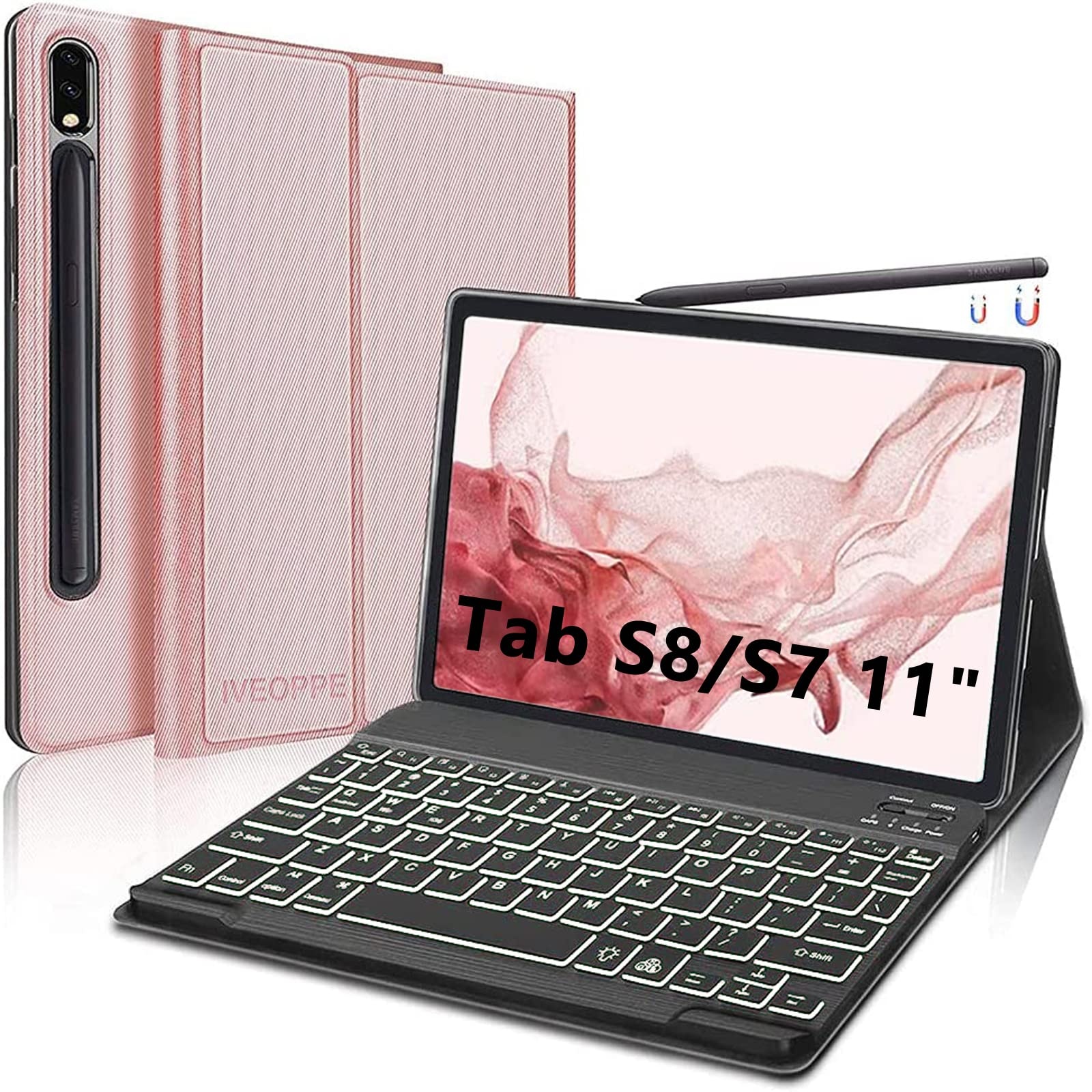 IVEOPPE Tastatur Hülle für Samsung Galaxy Tab S8 2022/ Tab S7 2020, Bluetooth Hinterleuchtet Abnehmbare QWERTZ Tastatur Hülle für Samsung Galaxy Tab S8/S7 11 Zoll SM-X700/X706/T870/T875, Roségold