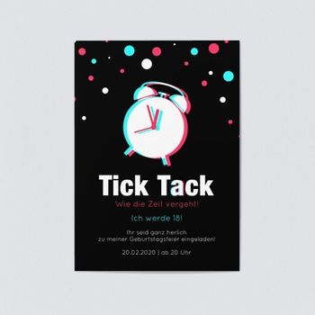 Einladungskarten 18. Geburtstag (5 Karten) selbst gestalten, Tick Tack - Zeit vergeht - Schwarz