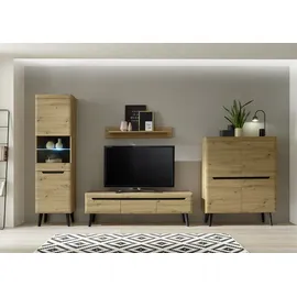 Home Affaire Wohnwand HOME AFFAIRE "Torge, Anbauwand, Schrankwand, Mediawand, Wohnzimmer-Set", beige (eiche artisan dekor, eiche artisan dekor, applikationen schwarz), B:361cm, Kastenmöbel-Sets, Wohnwand