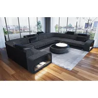 Sofa Dreams Wohnlandschaft Polster Couch Stoff Sofa Foggia U Form Stoffsofa, mit LED, Stauraum, USB Anschluss grau|schwarz