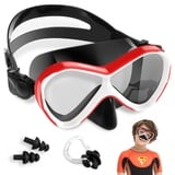 Taucherbrille Kinder, HIKOTEY Kid Taucherbrille Tauchmaske mit Ohrstöpsel und Nasenklammern Mitgeliefert, Verstellbares Silikonband, Anti-Leck Schnorchelmaske für Kinder, Jungen (4-12 Jahre)-Red+Black