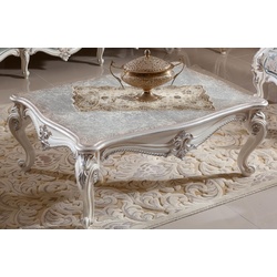 Casa Padrino Luxus Barock Couchtisch Antik Silber / Weiß / Silber - Prunkvoller Wohnzimmertisch im Barockstil - Luxus Wohnzimmer Möbel im Barockstil - Barock Möbel - Barock Wohnzimmer Einrichtung