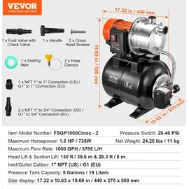 Vevor 735W Gartenpumpe, Bewässerungspumpe Poolpumpe Flachbrunnenpumpe 3785L/h