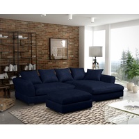 Fun Möbel Ecksofa TIZIAN inkl. Polsterhocker in Stoff Salvador Dunkelblau Ottomane Rechts - Blau