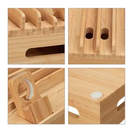 Relaxdays Ladestation, für Apple Watch, Bambus, HxBxT 11 x 17 x 13 cm, Handystation, Tablethalter, Uhrenständer, natur