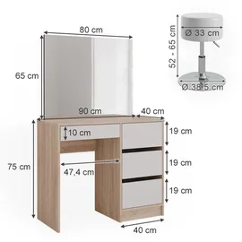 Vicco Schminktisch Sherry Sonoma Weiß, 90 cm, mit Hocker