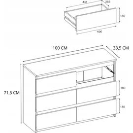 OEM Kommode Mit Schubladen Tv-schrank Für Das Wohnzimmer, 100 cm 6 Schubladen, Graue Eiche, Wotan