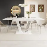 Ausziehtisch mit Marmorplatte 120-160x80x76 cm - Küchentisch mit ausziehbarem Blatt und Schmetterlings-Gestell für Küche & Wohnzimmer - Weiß