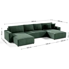 beautysofa | Ecksofa PARYS U - 390 cm, Ecksofas mit Schlaffunktion und Bettkasten, Modernes Schlafsofa in Grün - Grün