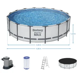 BESTWAY Steel Pro Max Frame Pool Set 488 x 122 cm lichtgrau inkl. Filterpumpe + Zubehör