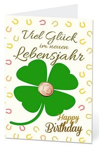 LUMA Geburtstagskarte Kleeblatt mit Glückscent DIN B6