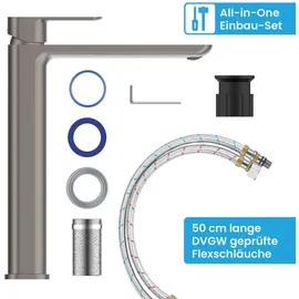 Bächlein Badarmatur Mizarela hoch in klassischem Design, Einhebelmischer für Aufsatzwaschbecken mit langlebiger Keramikkartusche und Montage-Set, Bad Wasserhahn Anthrazit - flacher Auslauf