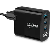 InLine USB PD Netzteil, GaN Ladegerät, 3-Port, USB-C + USB-A, 65W, mit Display